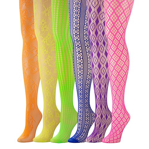 Isadora Paccini Women's 6-Pack Fishnet Lace Pantyhose Playful Daring Aesthetics Rainbow Colored Versatile Patterned Tights (One Size Fits Most, Colorful. 809N-T1