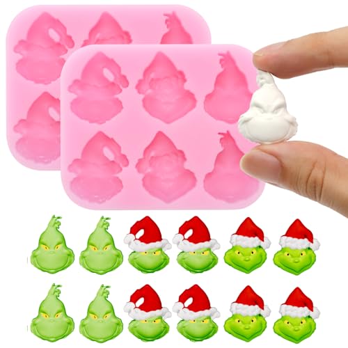 2 Pcs Christmas Chocolate Mold 3D Santa Claus Green Monster Designs DIY Pink Silicone Baking Molds Xmas Theme Food Grade Chocolate Candy Cake Moulds Homemade Cute Chocolate Mold for Christmas Gift