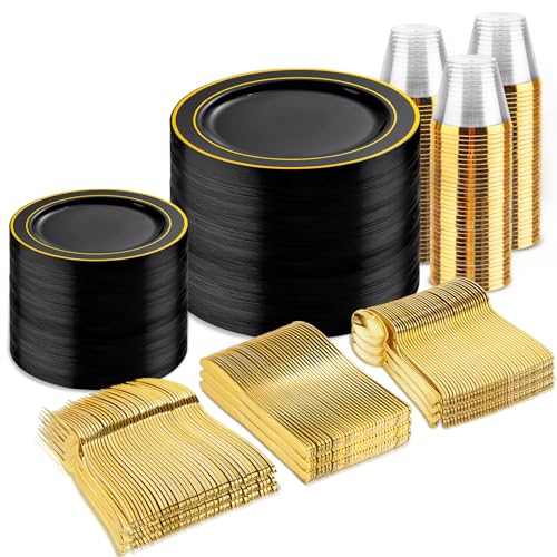 bUCLA 600PCS Black and Gold Disposable Dinnerware Set - Black Plastic Plates Disposable for Party Include 100 Dinner Plates,100 Dessert Plates,100 Knives,100 Forks,100 Spoons,100 Cups