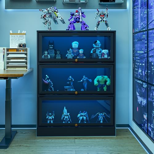 BONITURE Display Cabinet with Acrylic Glass Doors,3-Tiers Curio Cabinet with LED Lighting for Collectibles, Collectibles Toy Organizers Rack & Display Shelf Display Case Storage Cabinet, Black