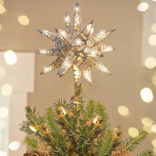 Luxspire Christmas Tree Topper, 3D Star Lighted Tree Topper, Christmas Decorations, Plug in Christmas Tree Topper with Timer, Silver