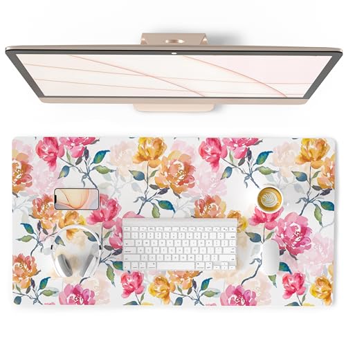 QIYI Floral Mouse Pad, Watercolor Flowers Desk Mat for Desktop, Women Girls Office Décor Accessories, PU Leather Waterproof Gaming Mousepad, Pink Yellow Peonies Desk Pad Computer Mat, 31.5" x 15.7"