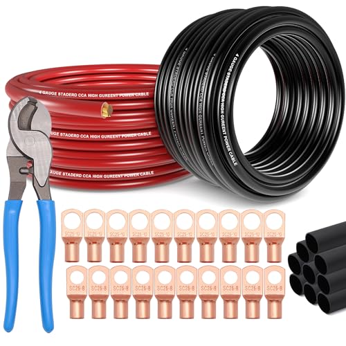 4 Gauge Wire (25ft Each - Red/Black) Copper Clad Aluminum CCA with Cable Cutter,Lugs Terminal Connectors and Heat Shrink Tube - Battery Power/Ground Cable,Car Audio Speaker,RV Trailer Amp Wiring kit