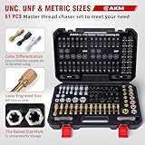 AKM 61Pcs Thread Restorer Kit, Rethread Repair Tool, UNC UNF & MetricThread Chaser Set with Thread Pitch Gauge