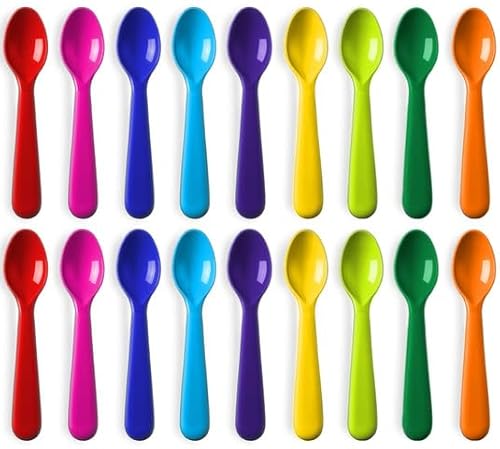 PLASKIDY Plastic Kids Spoon Set of 18 - BPA Free, Dishwasher Safe Reusable Children's Cutlery - Brightly Colored Toddler Flatware Set