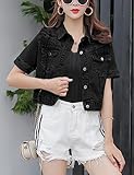 Omoone Women's Summer Short Sleeve Slim Crop Denim Trucker Jacket Jean Coat Tops(0953-Black-L)