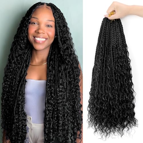 Goddess Box Braids Crochet Hair for Black Women 24 Inch Boho Braids 8 Packs Crochet Hair Bohemian Crochet Box Braid Curly Ends Pre-looped Synthetic Curly Hair 1B#
