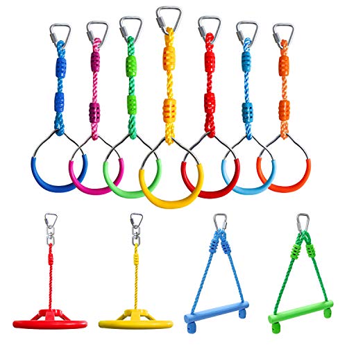 Craft Ninja Warrior Obstacle Course Accessories Kids Outdoor Play - 7pc Rings, 2pc Swing Trapeze Wheels & 2pc Monkey Bars