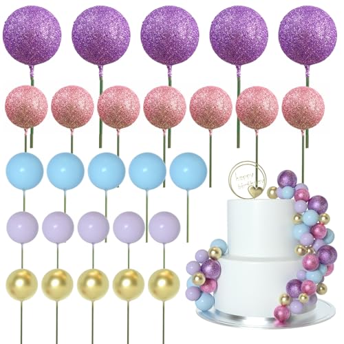 ASTARON 50 Pcs Ball Cake Topper Sticks Mini Balloons for Cake Decorating Supplies Foam Balls Cake decorations for Party Cake Birthday Cake Toppers Decorations (Pink，Purple，Blue)
