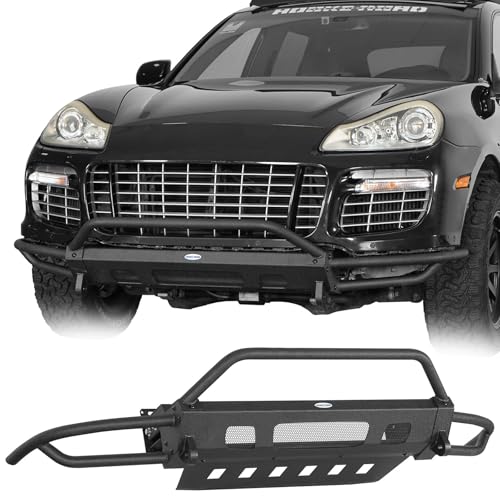 Hooke Road Cayenne 957 Front Bumper w/Bull Bar for 2008 2009 2010 Porsche Cayenne 957, Sturdy Steel Tube Bumper with Skid Plate & D-ring Mounts