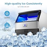 Commercial Ice Machine, 450Lbs/24H Under Counter Ice Machine, Upgrade Compressor 120LBS Storage Bin, Stainless Freestanding Commercial Ice Maker for Home Bar Cafe Office, with Water Filter and Scoop