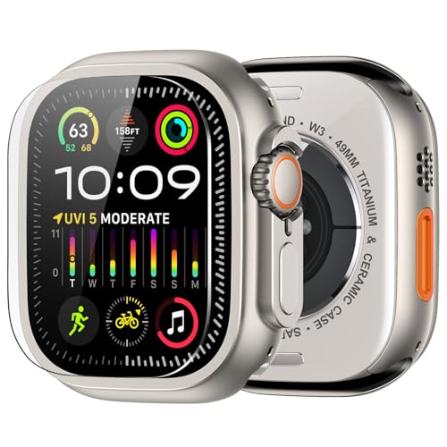 amBand for Apple Watch Ultra 2/Ultra Screen Protector 49mm, W1 Metal Case Rugged Bumper Titanium Frame + 9H Tempered Glass Film + Ceramic-Like Back Cover, Keep Original, Waterproof, Natural Titanium