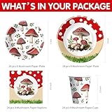 APOWBLS Mushroom Party Decorations Tableware, Mushroom Birthday Party Supplies, Paper Plate, Cup, Napkin, Disposable Cutlery, Tablecloth, Straws, Mushroom Baby Shower Decorations Dinnerware | Serve 24