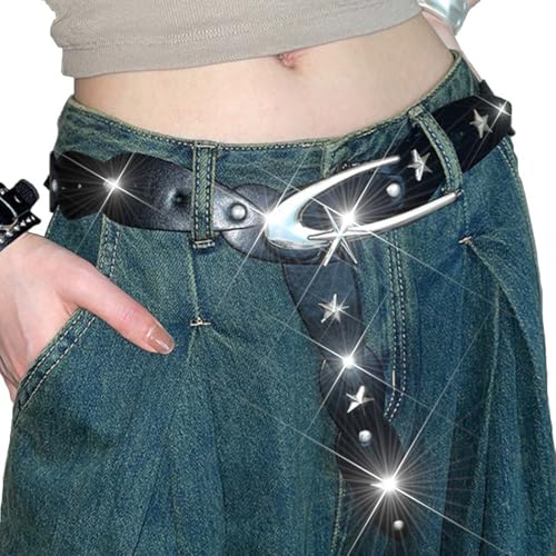 BODIY Star Studded Leather Belt Black Fashion Leather Belt Adjustable Belts Y2K Leather Accessories for Women (Black)