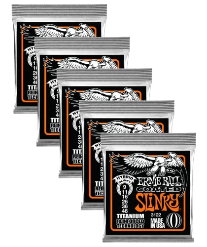 5 PACK Ernie Ball P03122 Coated Hybrid Slinky Strings.009-.046
