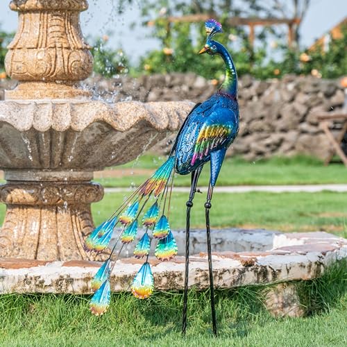 TERESA'S Collections Outdoor Decor Peacock Yard Art Garden Sculptures & Statues for Porch Decor,35'' Blue Large Metal Bird Garden Decor for Outside, Yard Decorations Outdoor for Patio,Gifts for Mom