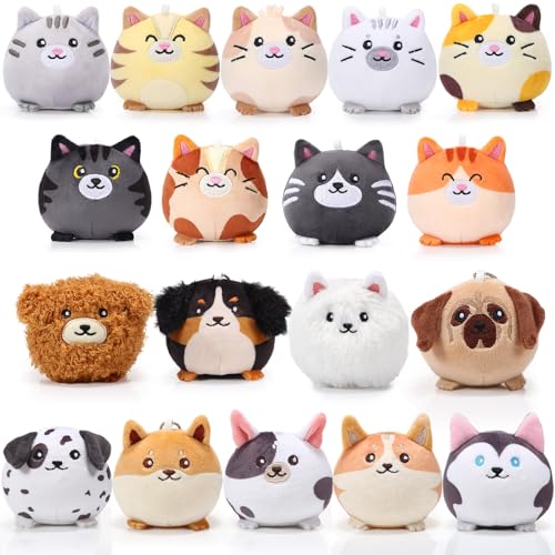 Halloscume 18 Pcs Mini Stuffed Animals Bulk Small Plush Cat Puppy 3.15 Inch Kitten Dog Toys Keychains Set for Easter Gifts Basket Stuffers Egg Fillers School Classroom Prizes Party Favors