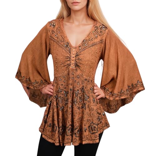 Agan Traders Women's 2025 Summer Long Bell Sleeve Embroidered Tops - V Neck Asymmetrical Flair Beaded Tunic Blouses (116 B, XL/1X, Ru1) Rust