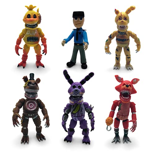 Toysvill Inspired by Five Nights at Freddy Game Action Figures Toys (FNAF) Toy, Set 6 pcs, Height 6in [Nightmare Foxy, Freddy, Bonnie, Fazbear, Chica and Human Security] with Masks