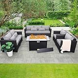 Rattaner 5 Pcs Outdoor Furniture Sets Patio Furniture Set with 45" Fire Pit Patio Couch Outdoor Chairs 60000 BTU Steel Propane Fire Pit Table No-Slip Cushions and Waterproof Covers, Light Grey