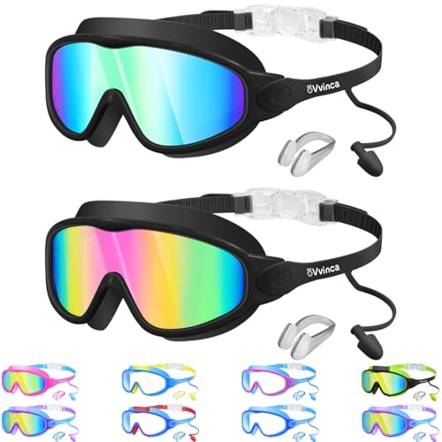 Vvinca Swim Goggles, Kids Goggles with Earplugs& Nose Clip Wide View Anti-Fog/UV Swimming Goggles for Age 3-15 Boys Girls