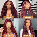 Kivolin 32 Inch 99j Burgundy Lace Front Wigs Human Hair Deep Wave Lace Front Wigs Human Hair Pre Plucked Red Curly Human Hair Wig 13x4 HD Colored Frontal Glueless Wet and Wavy Loose Deep Wave