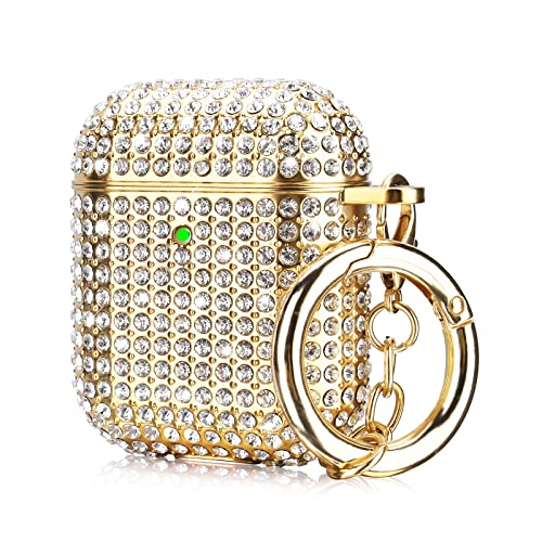 Case for Airpods 2/1, Filoto Bling Crystal PC AirPod 1st/2nd Generation Case Cover for Women Girls, Cute Air Pod Hard Protective Accessories with Lobster Clasp Keychain for Apple Airpods (Gold)