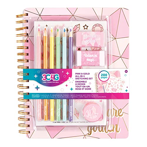 Three Cheers for Girls - Pink & Gold All-In-1 Sketchbook Set - Girls Diary, Journal, Sketch Book for Kids w/ Pencils, Stickers & More - Drawing Kit for Kids - Unlined Diary for Girls - Kids Sketch Pad