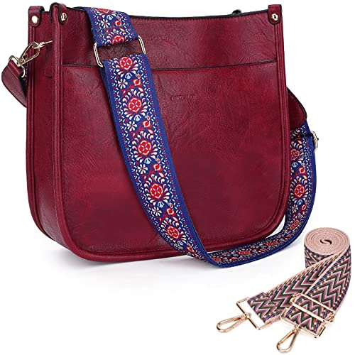 HKCLUF Crossbody Bags for Women Trendy Vegan Leather Hobo Handbags With 2 Adjustable Guitar Strap Crossbody Bucket Purse for Women(Red)