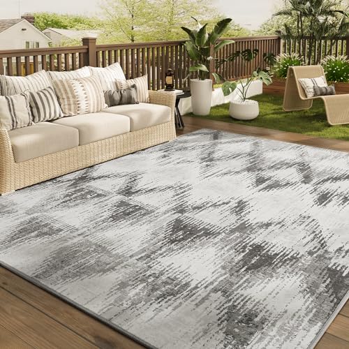 COCOER Outdoor Rug-Quick Dry Indoor Outdoor Area Rug-Grey Rugs for Living Room-Absorbent Patio Rug-Non Slip Outdoor Carpet-Morocco Washable Rug-Room Decor for Balcony Deck