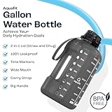 AQUAFIT 1 Gallon Water Bottle with Time Marker - BPA Free 128 oz Water Bottle with Straw, Gym Water Bottle with Handle, 1 Gallon Water Jug, Big Water Bottle, Large Water Bottle (Gray)