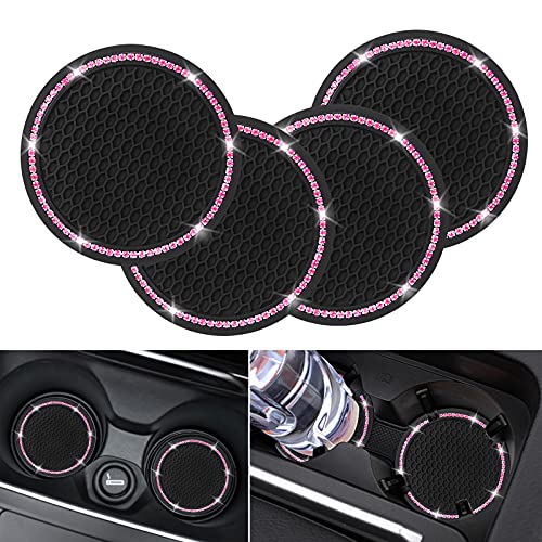 4 Pack Car Coasters, Universal Vehicle Bling Car Coaster, Cute Rhinestone Coaster for Cup Holders,Interior Accessories 2.75'' Silicone Anti Slip Car Coasters for Women (Pink Crystal Circle)