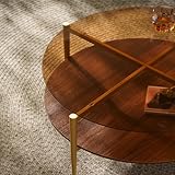 Saint Mossi Glass Round Coffee Table for Living Room, Middle-Century Modern Style, Coffee Brown Glass Top & Walnut Brown MDF Wood Top, with Gold Finish Legs & Frame