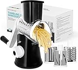 X Home Rotary Cheese Grater for Kitchen, Shredder with 3 Interchangeable Blades, Rotary Grater with Handle and Strong Suction Base, for Vegetables, Fruit, Nuts, Easy to Use and Clean, Black