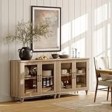 WAMAPT Sideboard Buffet Cabinets with 4-Glass Door, Kitchen Storage Cabinets, Wood Coffee Bar Tables with Adjustable Shelf, Accent Sideboard Storage Cabinet Table Dining Room, Living Room,Oak 68 inch