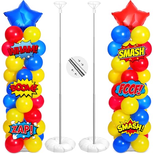 Realspring 2 Set Hero Themed Party Decorations Adjustable Red Yellow Blue Balloon Column Stand Kit 6 Pcs Jumbo Hero Cards 148 Pcs Fun Balloons for Birthday Baby Shower Party Door Supplies