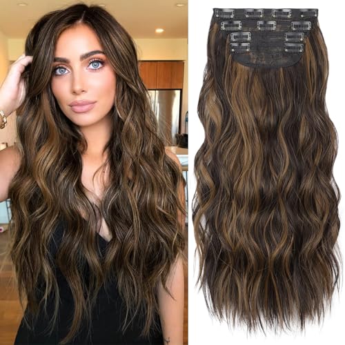 KooKaStyle Clip in Long Wavy Synthetic Hair Extension 20 Inch 4PCS Balayage Dark Brown to Chestnut Hairpieces Fiber Thick Double Weft Hair Extension for Women