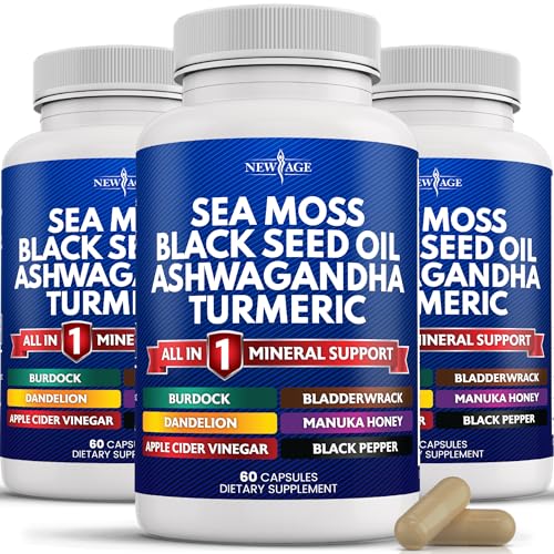 NEW AGE Silica Sea Moss, Black Seed Oil, Ashwagandha, Turmeric, Bladderwrack, Burdock - with Manuka, Honey Dandelion, ACV Black Pepper Gluten Free