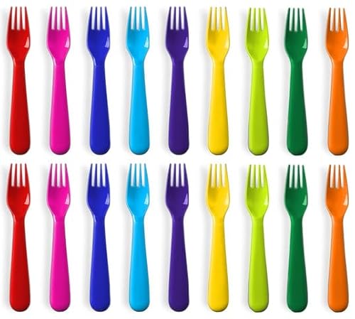 PLASKIDY Plastic Kids Fork Set of 18 -Toddler Forks BPA Free/Dishwasher Safe Reusable Children's Fork Set - Brightly Colored Toddler Forks Cutlery Flatware Set
