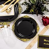 Nervure 600PCS Gold Plastic Dinnerware - Black and Gold Disposable Plates for 100 Guests - 200 Gold Disposable Plates, 300 Gold Plastic Silverware, 100 Cups for Wedding & Party