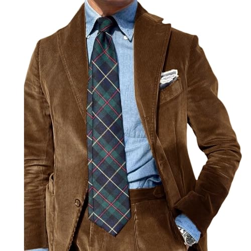 Mens Brown Suits Slim Fit 2 Pieces Corduroy Business Formal Suit for Men Casual Wedding Prom Tuxedos Blazer Pants Set L