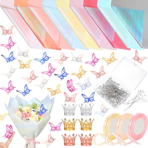 Qilery 243 Pcs Flower Bouquet Wrapping Paper Waterproof Floral Wrapping Paper Florist Supplies with Butterfly Decoration Crowns Ribbons Bouquet Pin Glue for DIY Craft (Bright Color,Elegant Style)