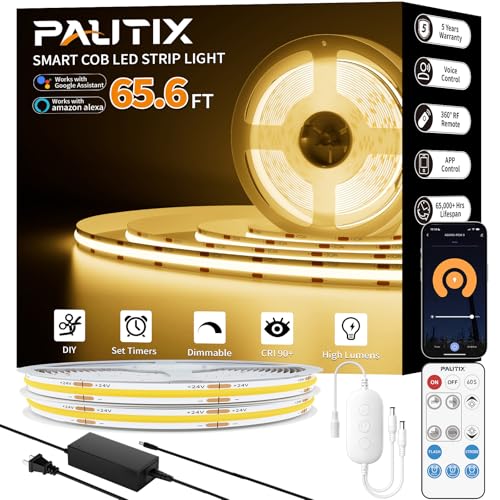 PAUTIX COB LED Strip Light 65.6ft/20m,9600 LEDs Warm White 2700K,Work with Alexa/Google Assistant,CRI93+ Super Bright High Lumen,Dimmable 24V Flexible LED Light Strip,for Home&Office DIY Lighting