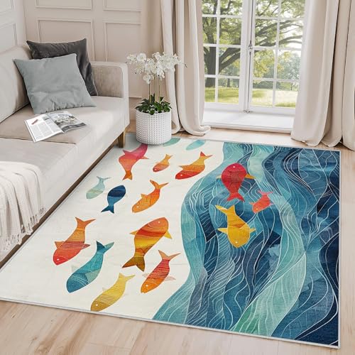 Yoozitrees Fish Rug for Kids - Fish Rug, 4x6 Rug, Cute Cartoon Abstract Fish Wave Area Rug, Kids Nursery Playroom Carpet, Washable & Non Slip & Soft Large Rugs, Fish Home Decor