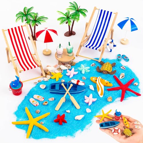 30 Pcs Beach Miniature Dollhouse Decoration, Bach Cake Decorations, Umbrella Palm Chair Miniature Toys for DIY Garden and Plant Decoration