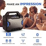 ION Tailgater Boom - Outdoor Portable Bluetooth Speaker with Mic in, FM Radio, USB Port, Battery, IPX5 Water-Resistant, Wireless Stereo-Link, App, 60W