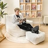 Cvortll Bean Bag Chair with Ottoman, Armrest Bean Bag Chair with Filler, Ultra Soft Fluffy Faux Fur Bean Bag Chair with Foot Rest, Plush Lazy Sofa with Foot Stool for Living Room, Dorm