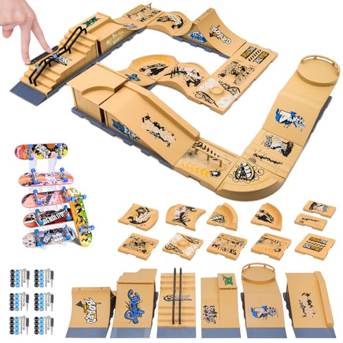 HMEEN Finger Skateboards Ramp Set, 6 in 1 Fingerboard Skatepark Deck with 11 Buffer Plate, Fingerboard Half Pipe Ramp for Kids Adults Fingerboard Train Props Interactive Freestyle Game