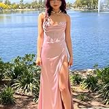 PUXIU Long Strapless Satin Ruched Prom Dresses with Slit for Women Champagne Halter Pleated Mermaid Corset Bridesmaid Dress 2025 8