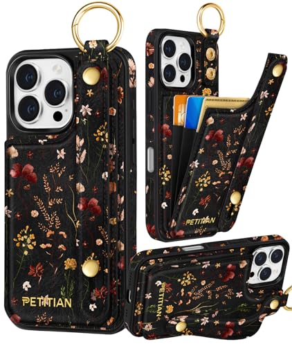 Petitian for iPhone 16 Pro Case Wallet - Women Girls Cute Girly Aesthetic Unique Design Leather Credit Card Holder Cardholder Stand Wristband for iPhone 16 Pro, Grow Flower